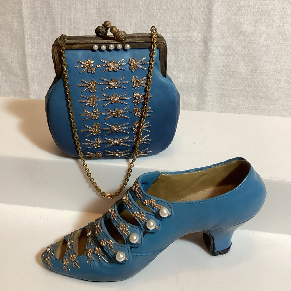 Nostalgia If the Shoe Fits Blue Heel & Purse Set Gold Accents Popular Imports